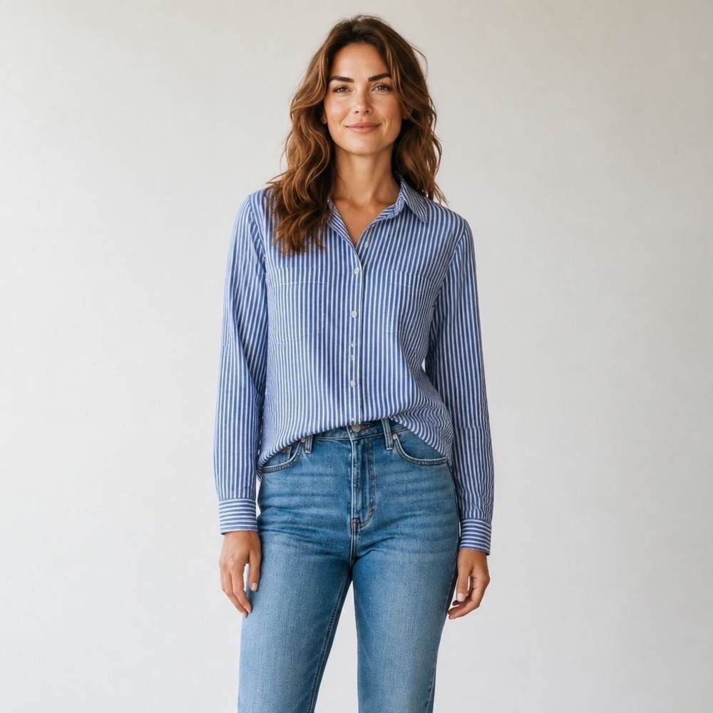 Lilly Pulitzer Womens Blue White Striped Button Down Shirt LS M Hamptons Crisp